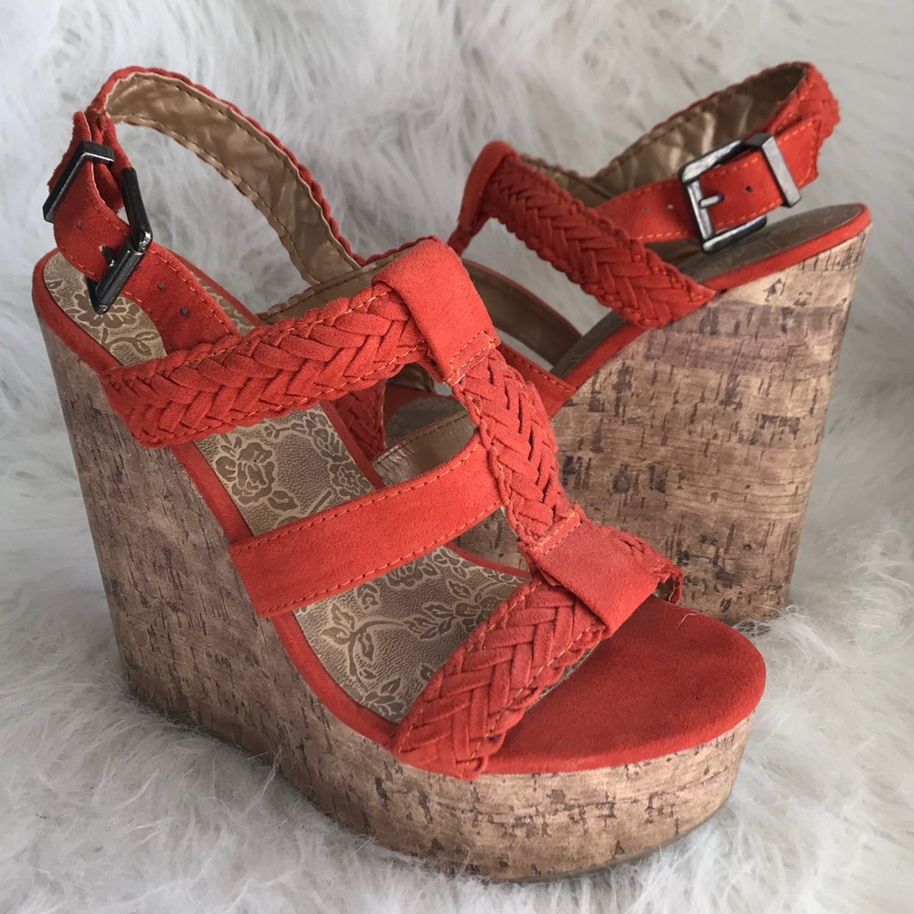 Orange Faux Cork High Heel Wedges